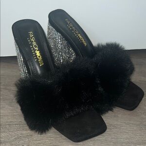 Fashion Nova Black and Silver Fur Heels